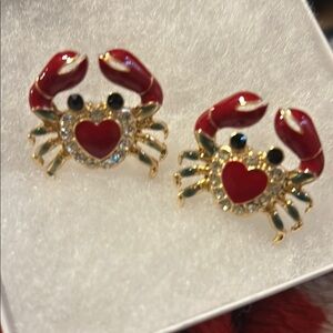 Crab Heart Earrings in Red and Gold